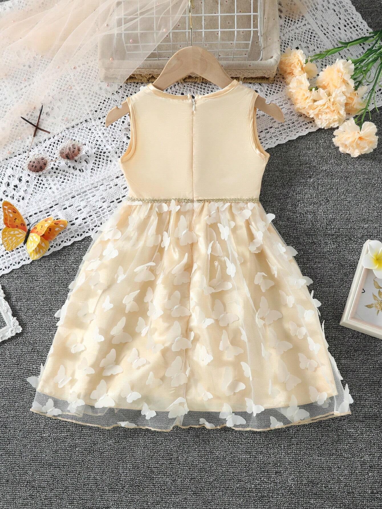 Fashionable 3D Butterfly Mesh Sleeveless Dress for Young Girls