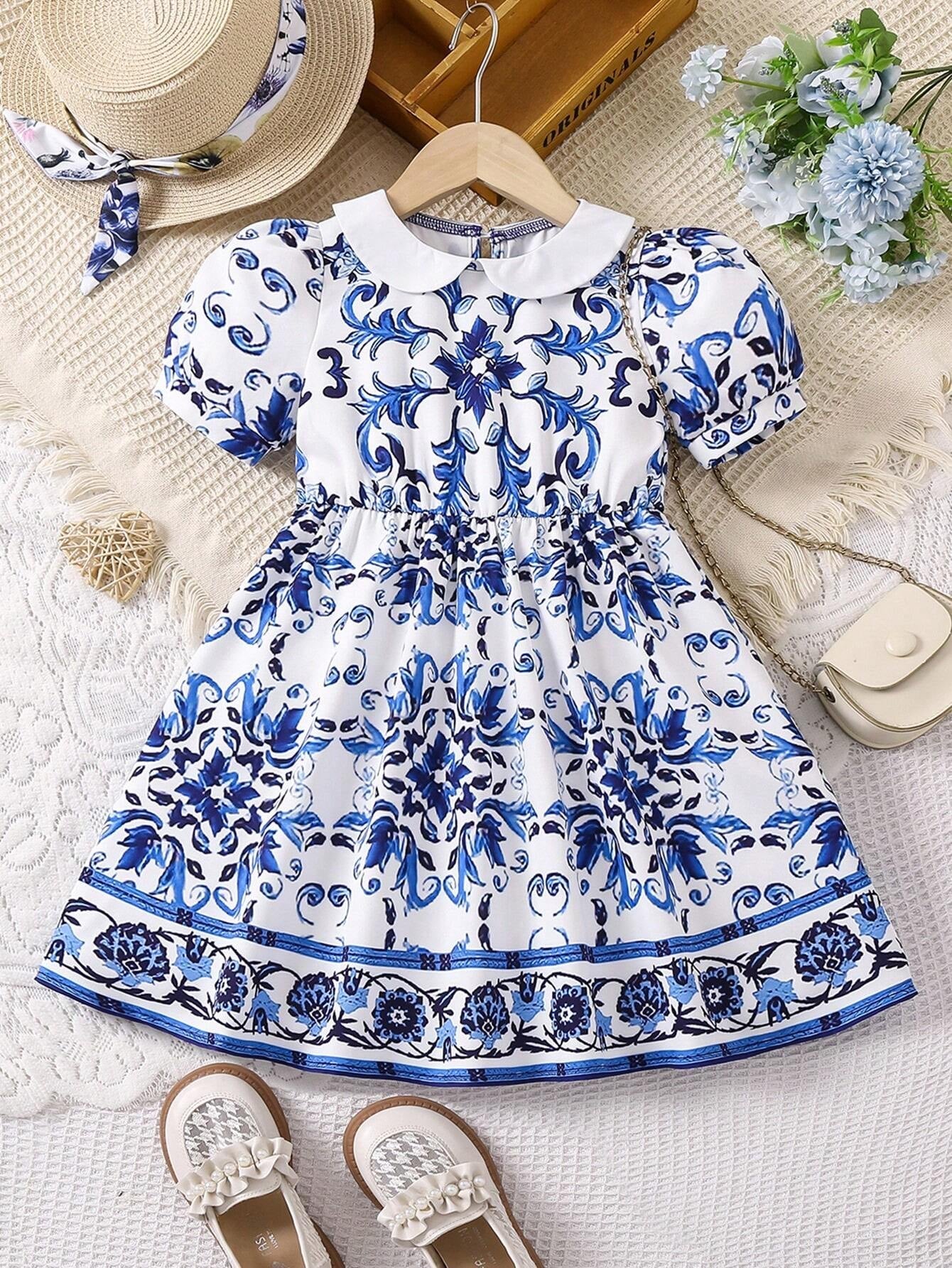 Young Girl Puff Sleeve Flower Print Dress