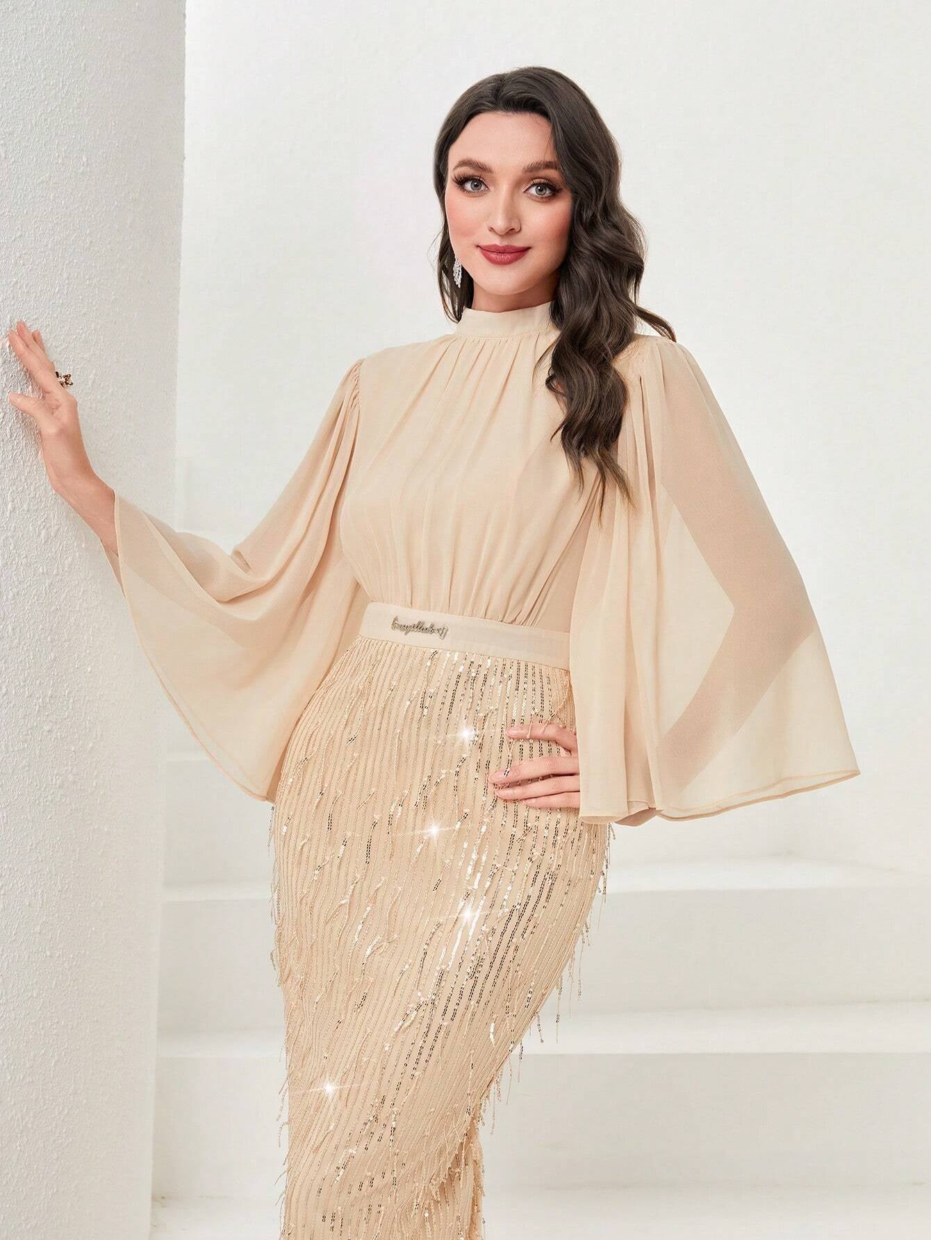 Modely Mock Neck Flare Sleeve Sequin Dress