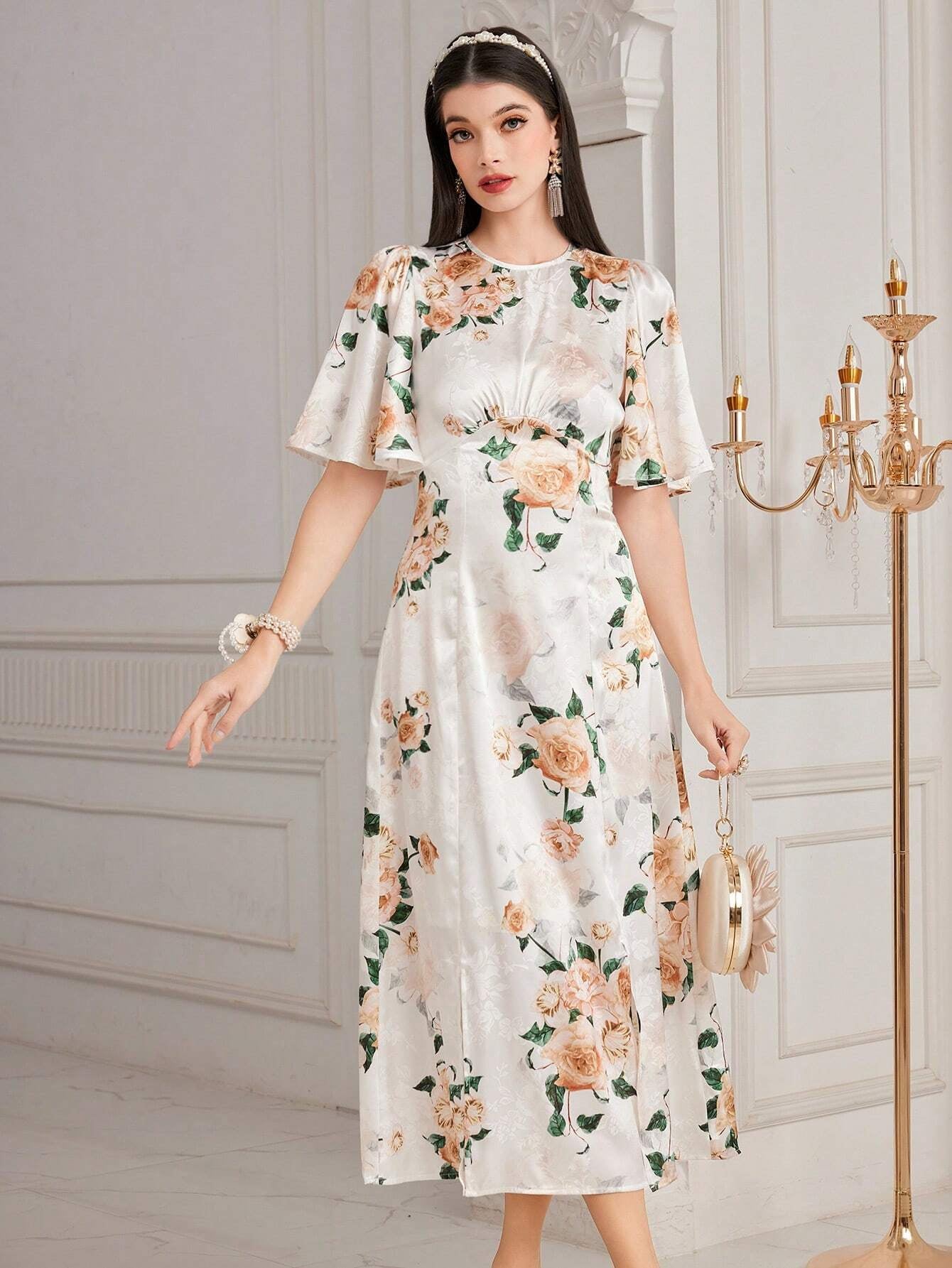 Modely Women'S Floral Printed Butterfly Sleeve Dress