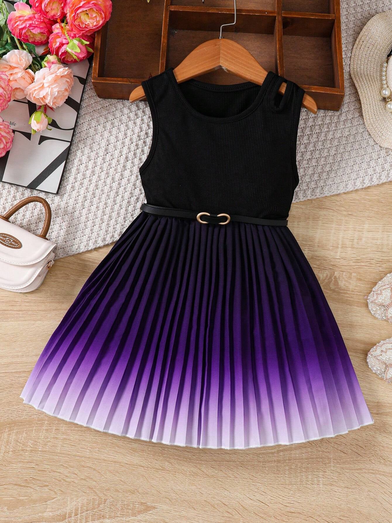 Young Girl Gradient Colorblock Pleated Hem Sleeveless Dress for Summer