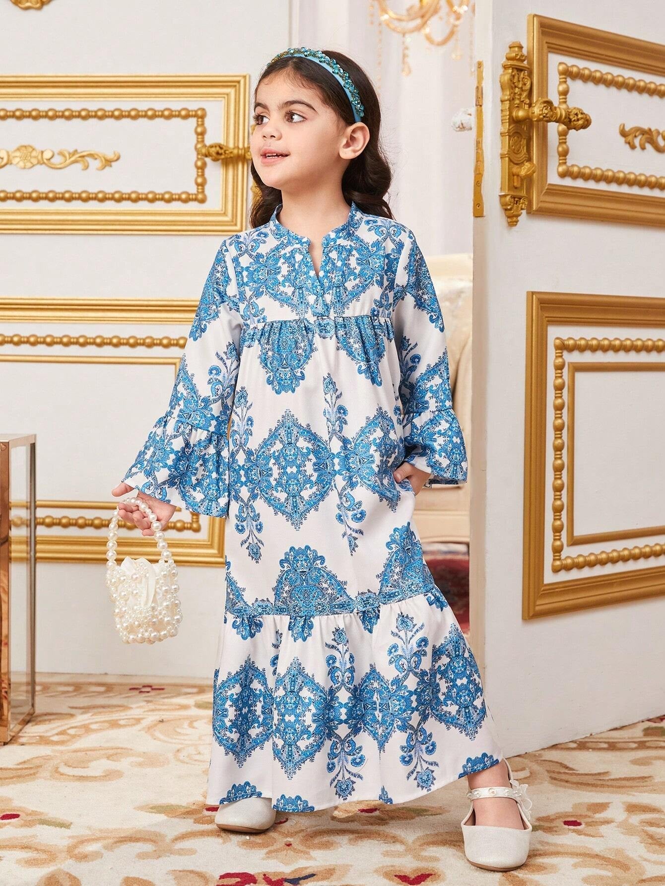 Young Girl Casual Loose Fit Geometric Pattern Notch V-Neck Long Sleeve Dress