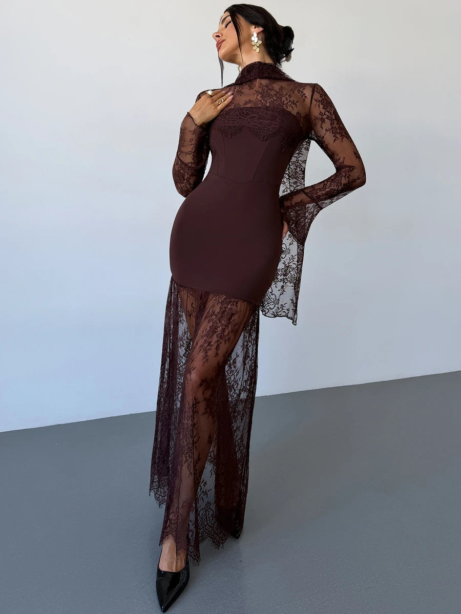 SHEIN Firerie فستان بني بأكمام طويلة وتفاصيل دانتيل وشريط شفاف