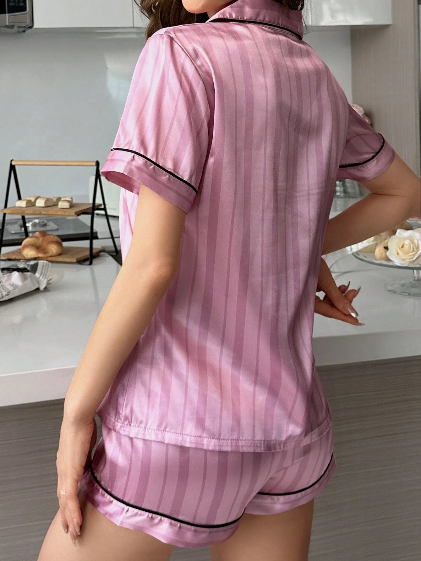 Bow Print Pocket Pink Striped Satin Pajama Set