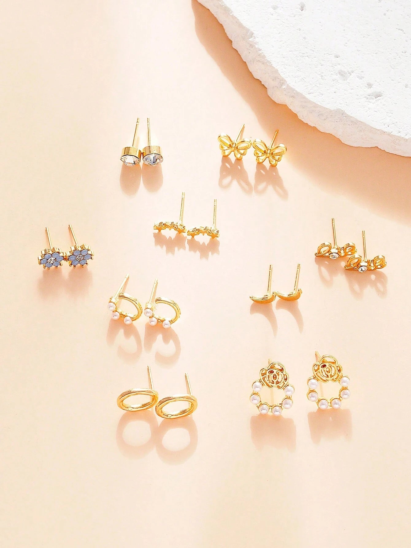 9Pairs/Set Rhinestone & Flower Decor Stud Earrings