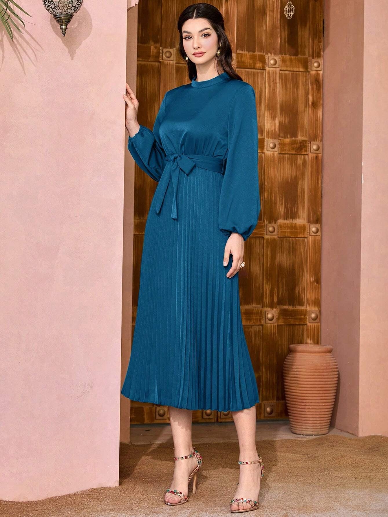 Mulvari Women'S Lantern Sleeve Pleated Dress