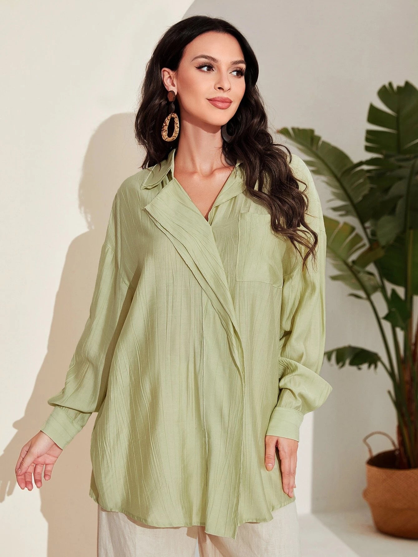 Mulvari Drop Shoulder Pocket Patched Blouse without Belt