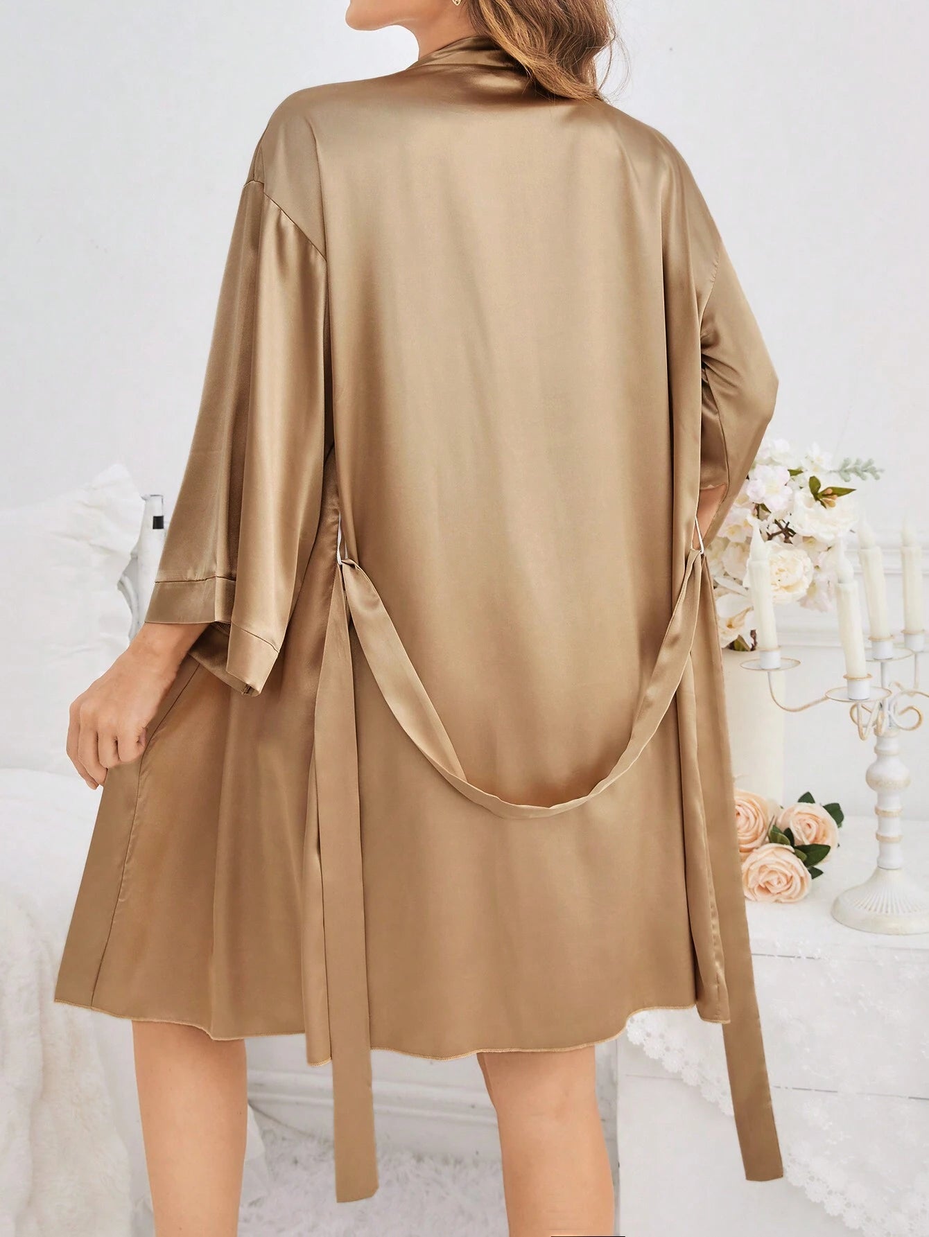 Lace Lady'S Long Sleeve Jacket and Spaghetti Strap Sleep Dress Sleepwear Set