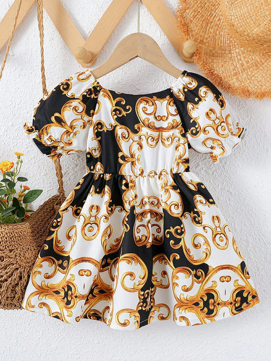 Baby Girls' Baroque Print Puff Sleeve Dress