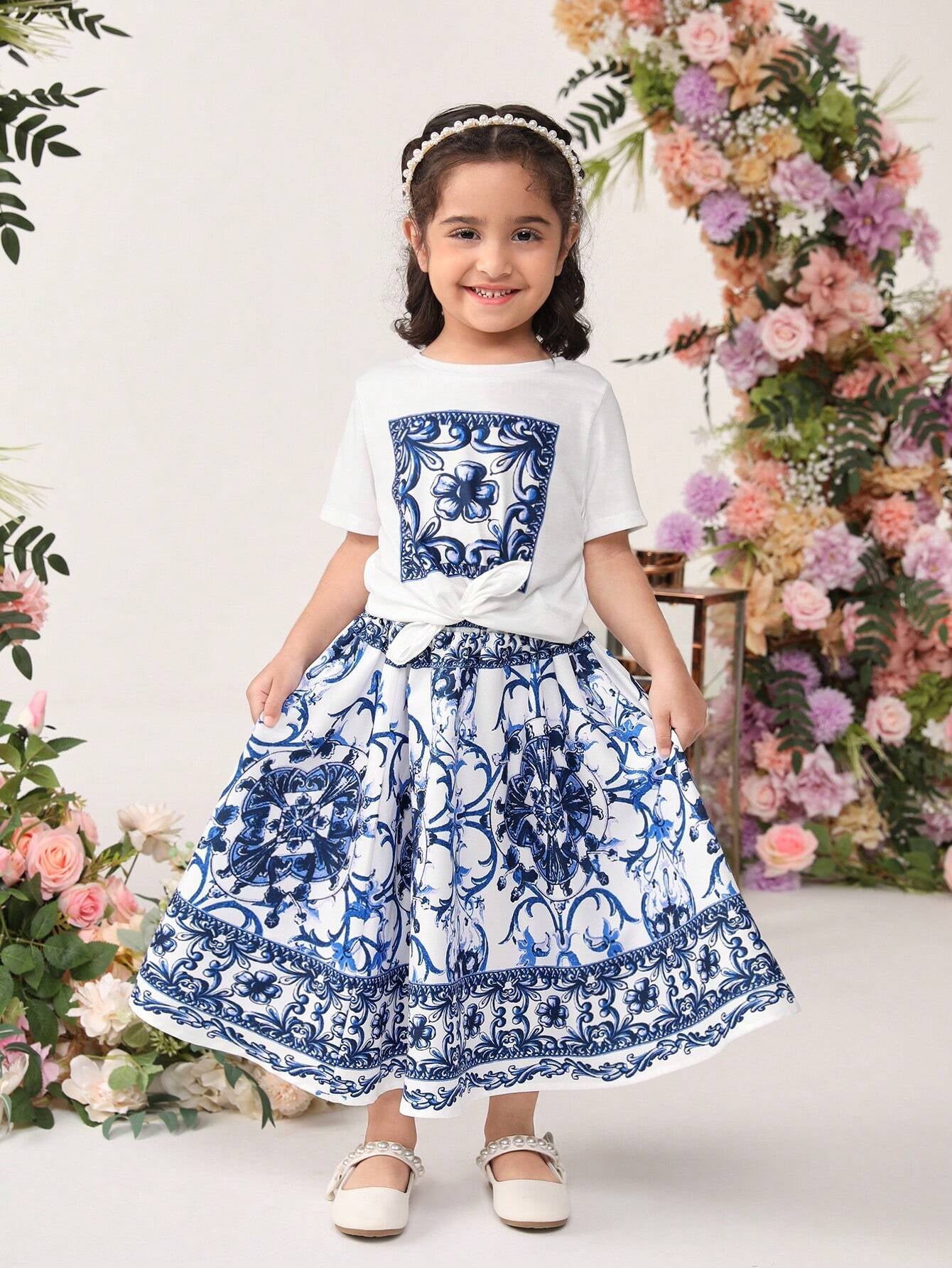 Tween Girls' Loose Fit Gorgeous Exclusive Flower Pattern round Neck Pullover T-Shirt and Skirt Two-Piece Set