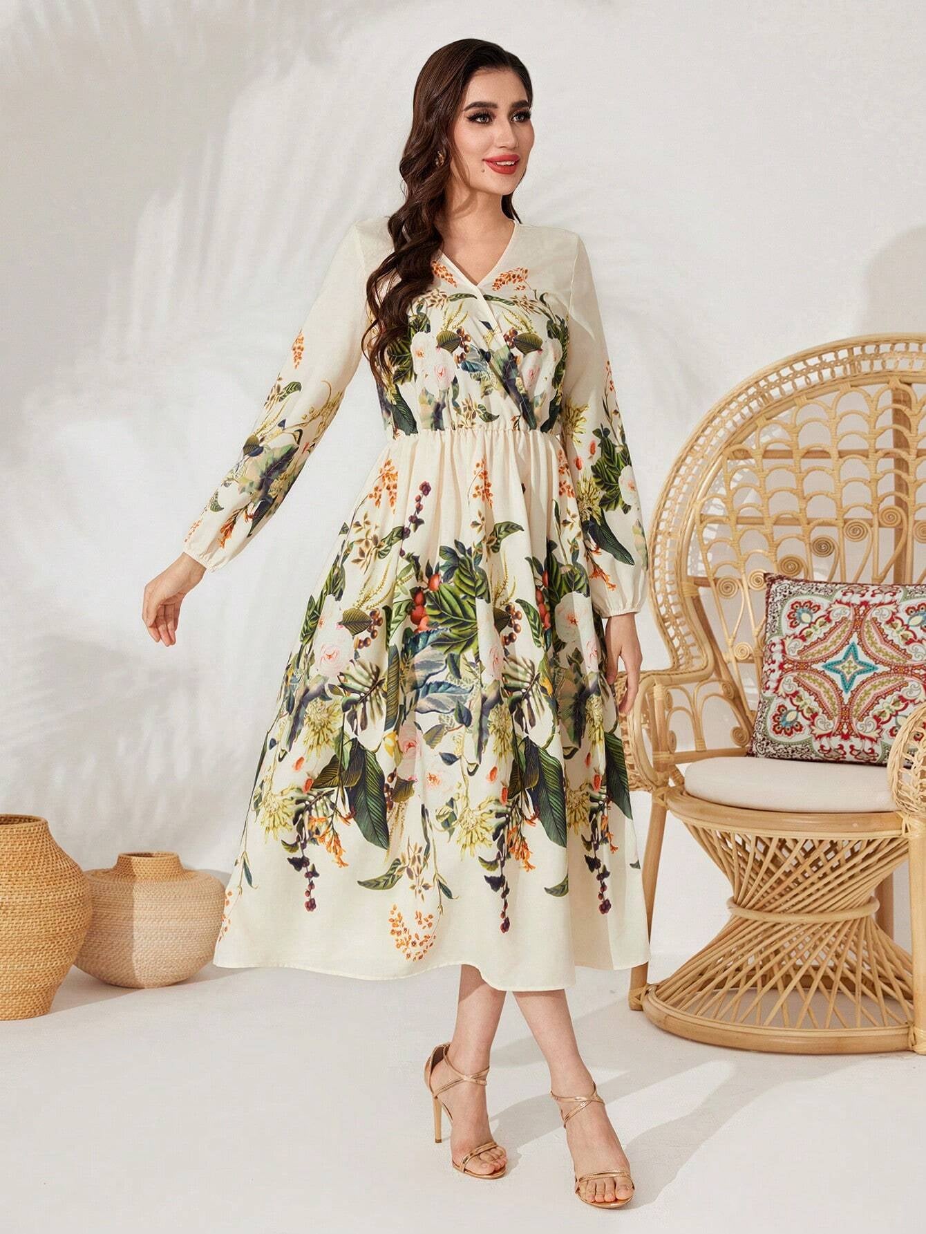 Mulvari Plant Printed Long Sleeve Dress