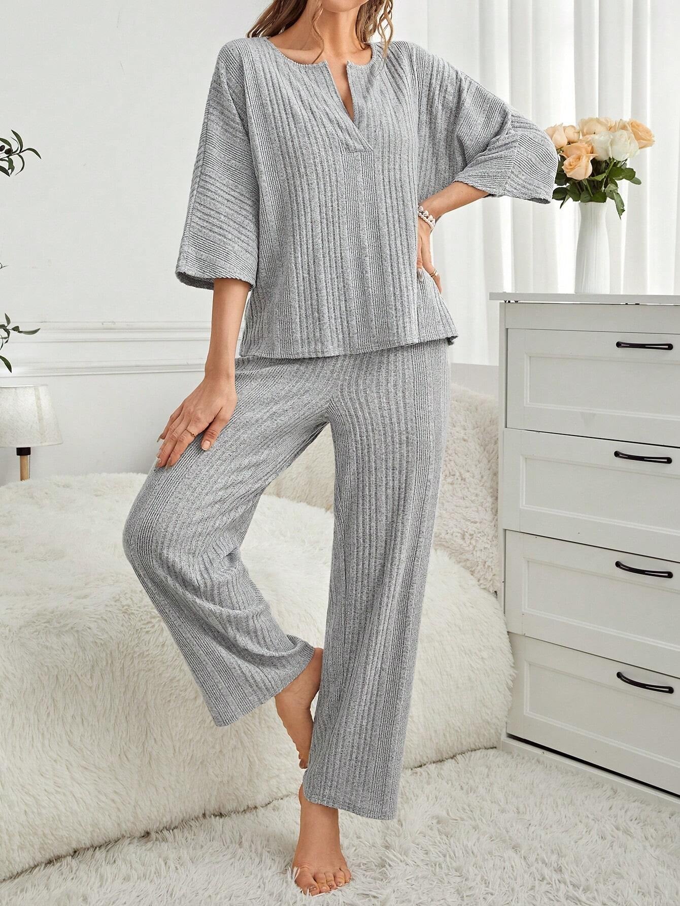 Solid Color Notched Collar Loose Fit Casual Home Wear Set