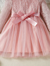 Young Girl Contrast Lace Belted Dress