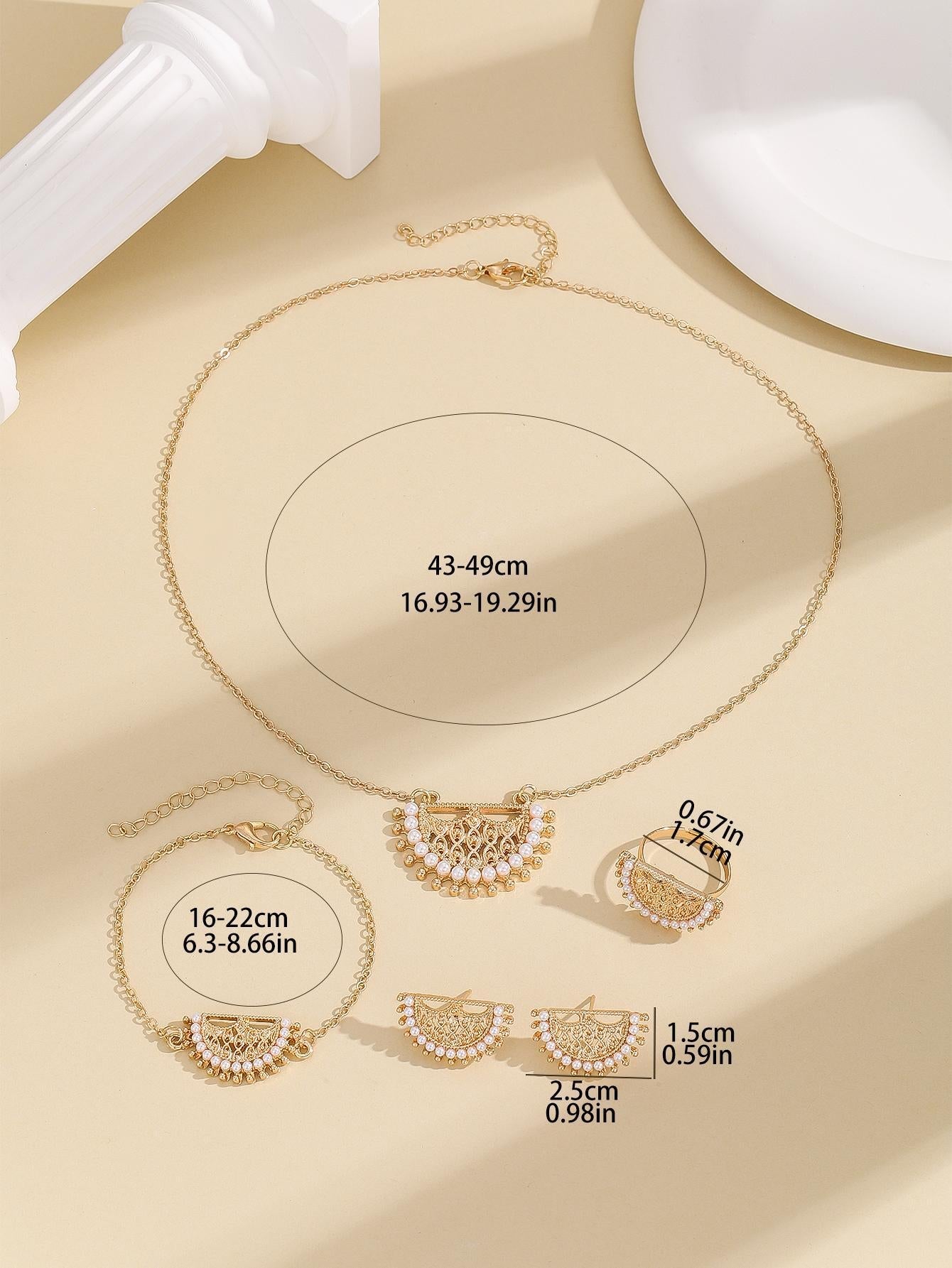 Fashionable Zinc Alloy Faux Pearl & Hollow Out Necklace, Earrings, Ring and Bracelet Set, in Gold