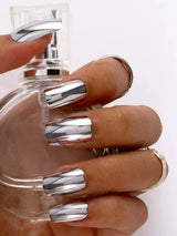 24Pcs Long Almond Press on Nails - Cool Metallic Chrome Champagne False Nails | Punk Metal Chrome Finish Medium Reusable Fake Nails in 12 Sizes - Nail Kits as Gift for Women and Girls & 1Sheet Tape & 1Pc Nail File