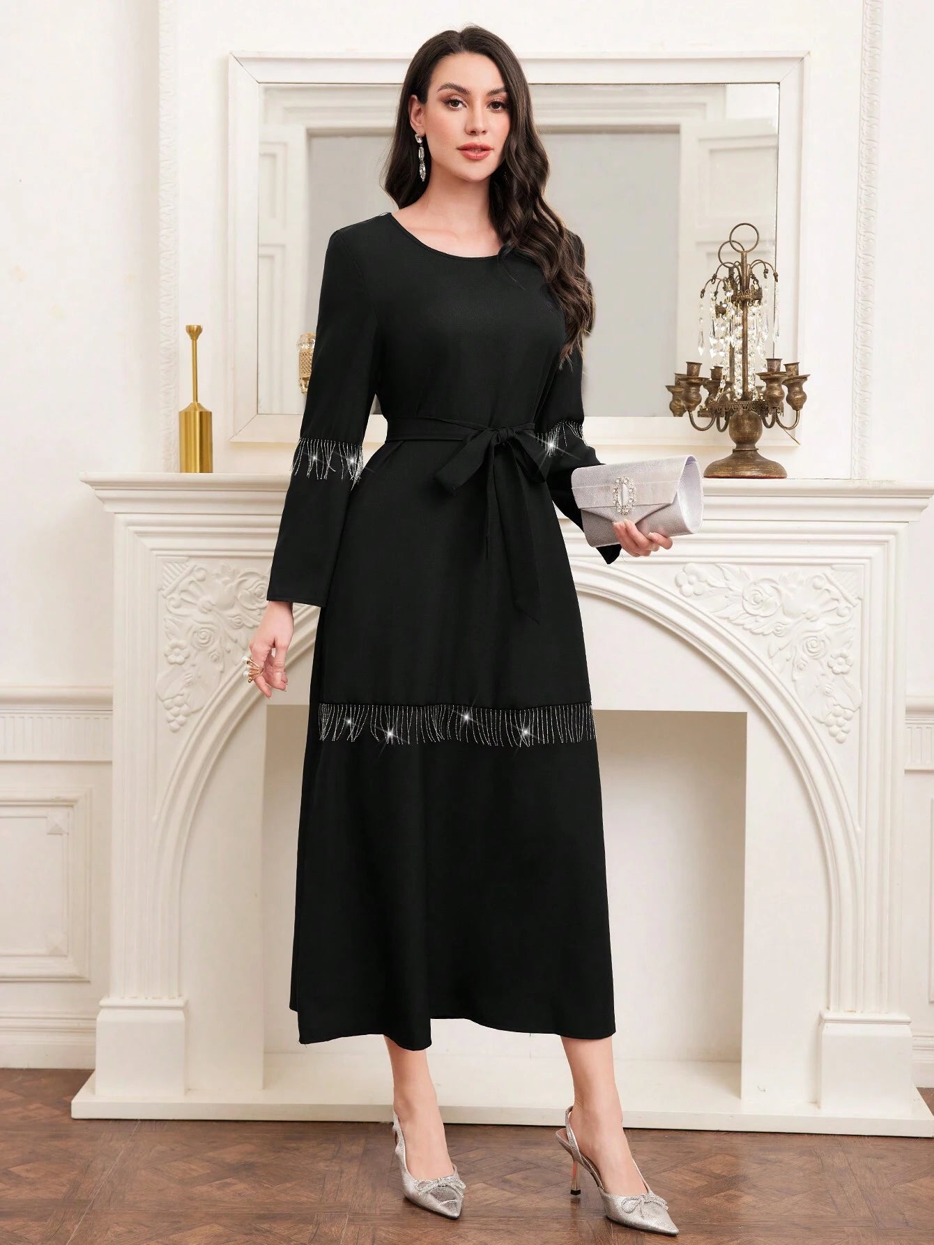 Najma Black round Neck Fringe Decorated Casual Dress