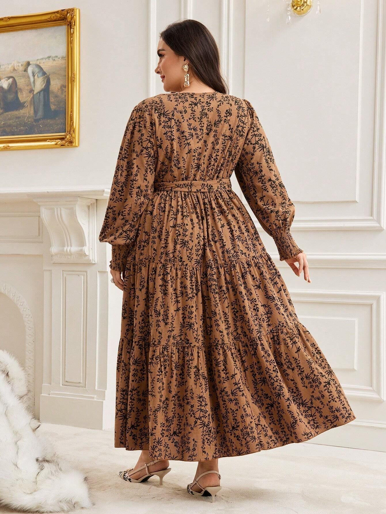 Mulvari plus Ditsy Floral Print Lantern Sleeve Ruffle Hem Belted Dress