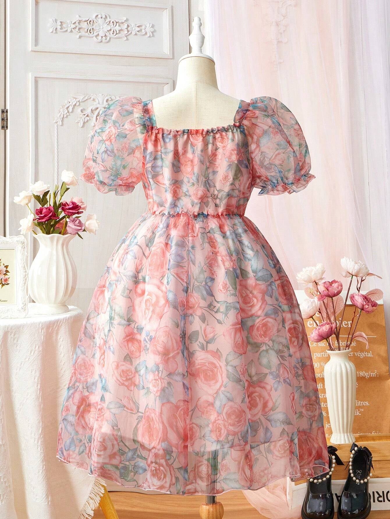 Tween Girl Floral Printed Mesh Patchwork Puff Sleeve Dress