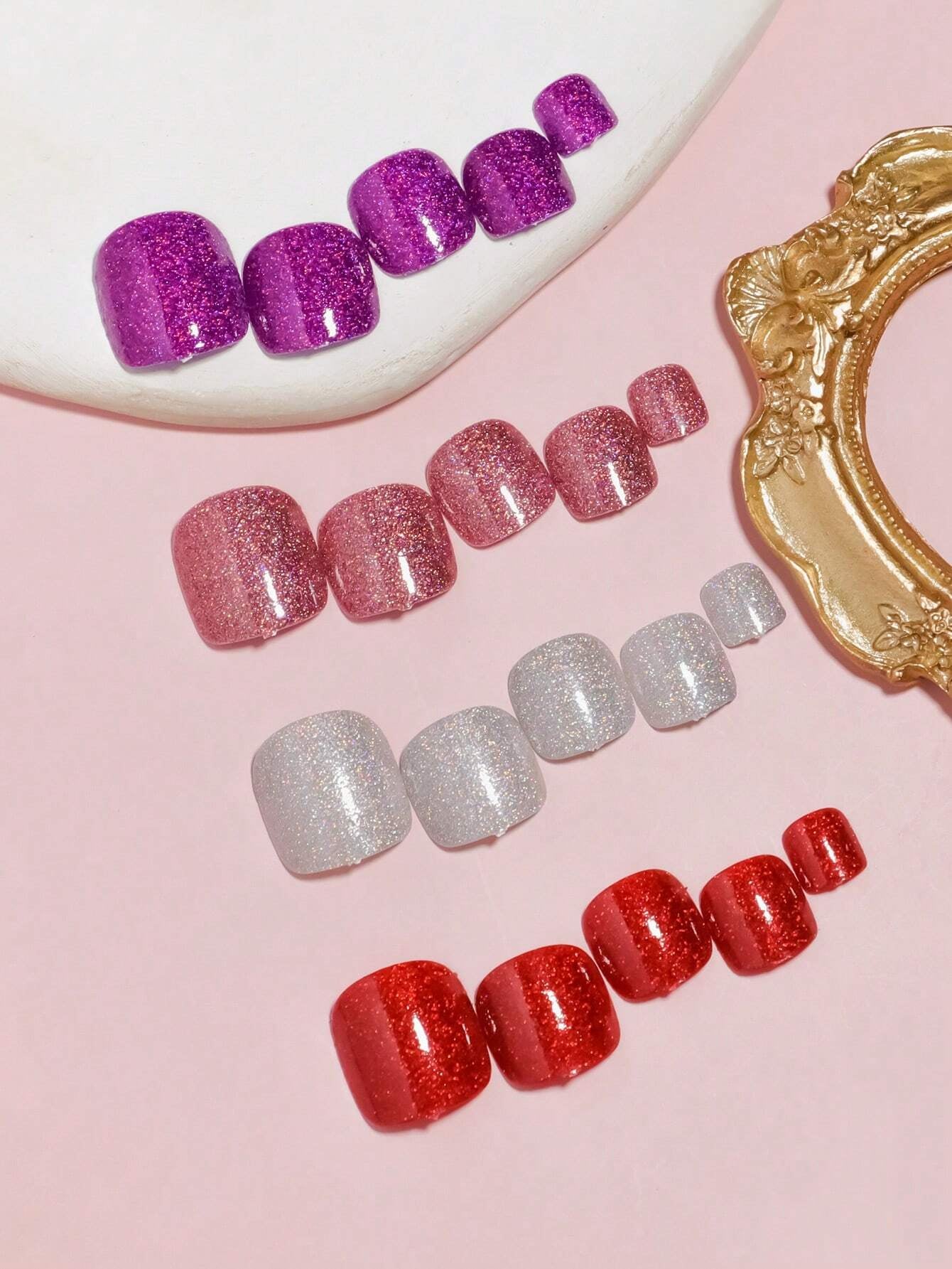 4Packs(96Piece)-Purple/Peach Pink/Sliver/Red Glitter with UV Coating Toenails