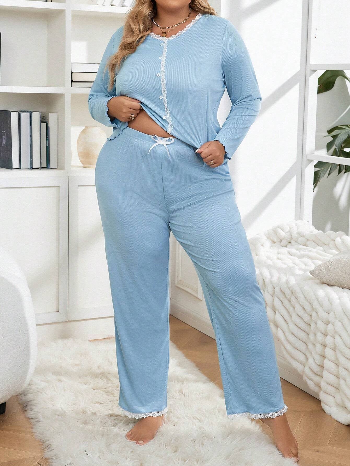 Plus Size Women'S Lace Trim Ribbed Pajama Set