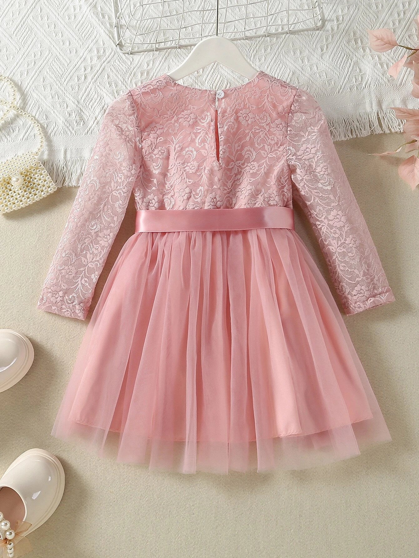 Young Girl Contrast Lace Belted Dress