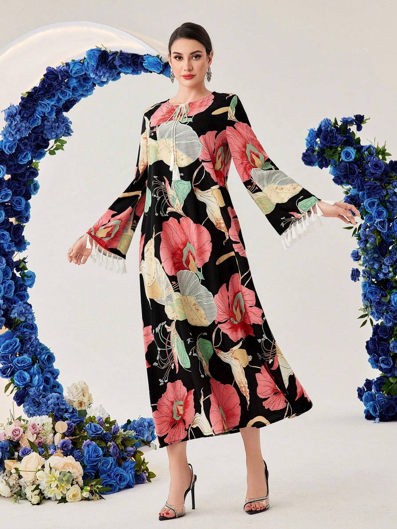 Najma Women'S Ginkgo Leaf Print Patchwork Tassel Bell Sleeve Arabic Dress
