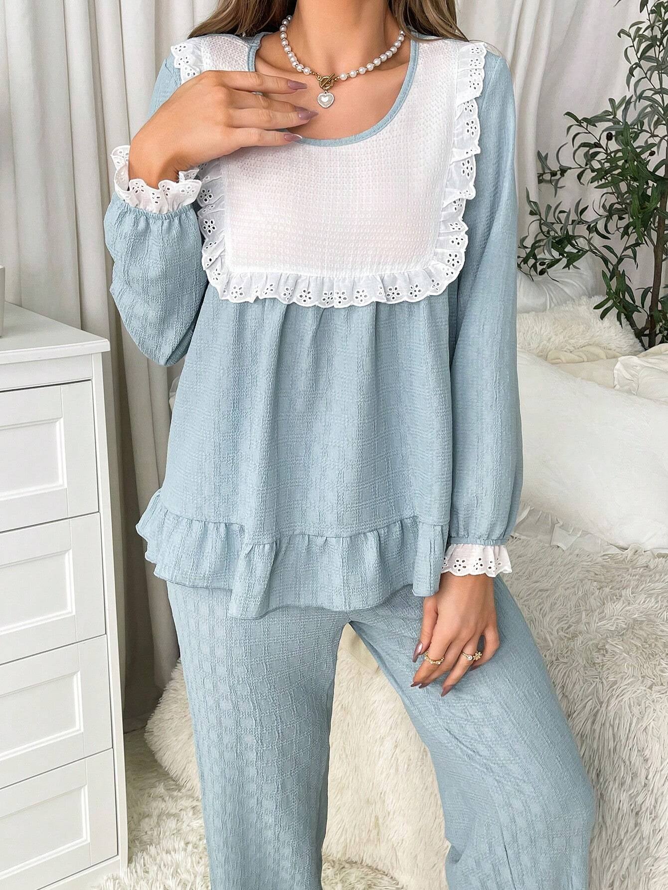 Contrast Schiffy Ruffle Trim PJ Set