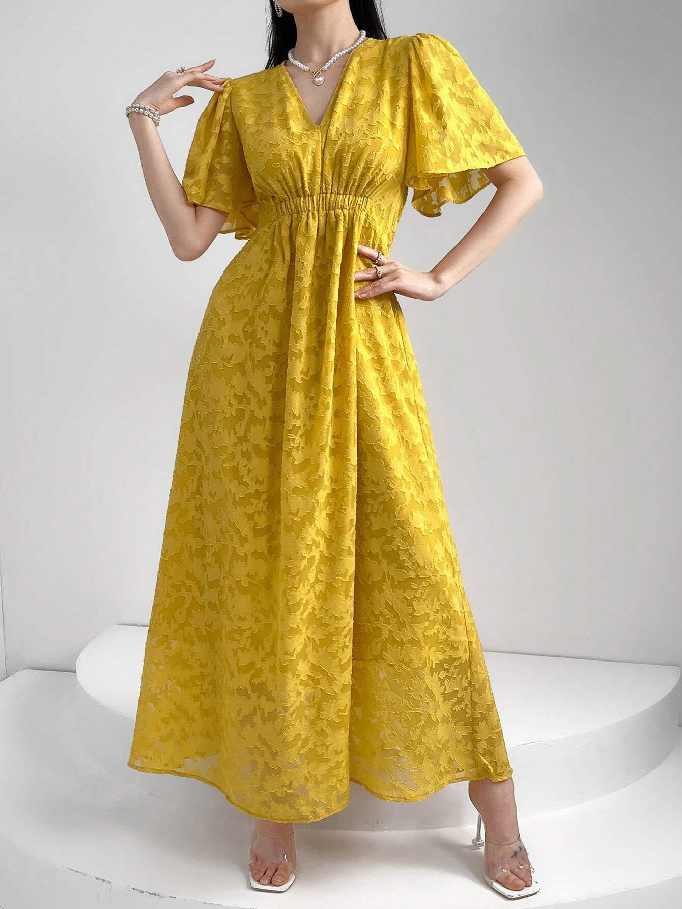 Mulvari Women'S V-Neck Trumpet Sleeve Jacquard Dress