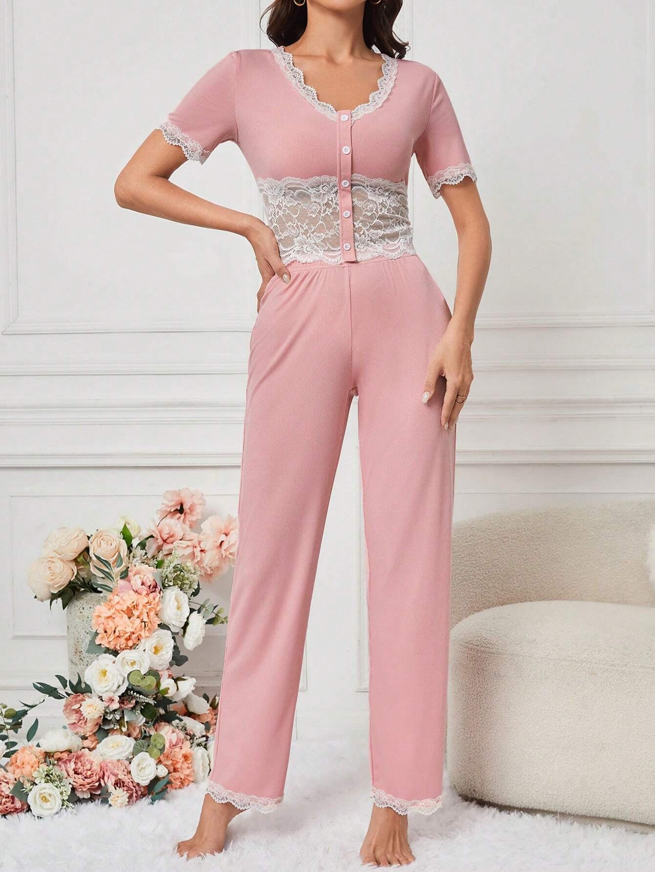 Ladies' Spliced Lace Short Sleeve Top and Long Pants Pajama Set