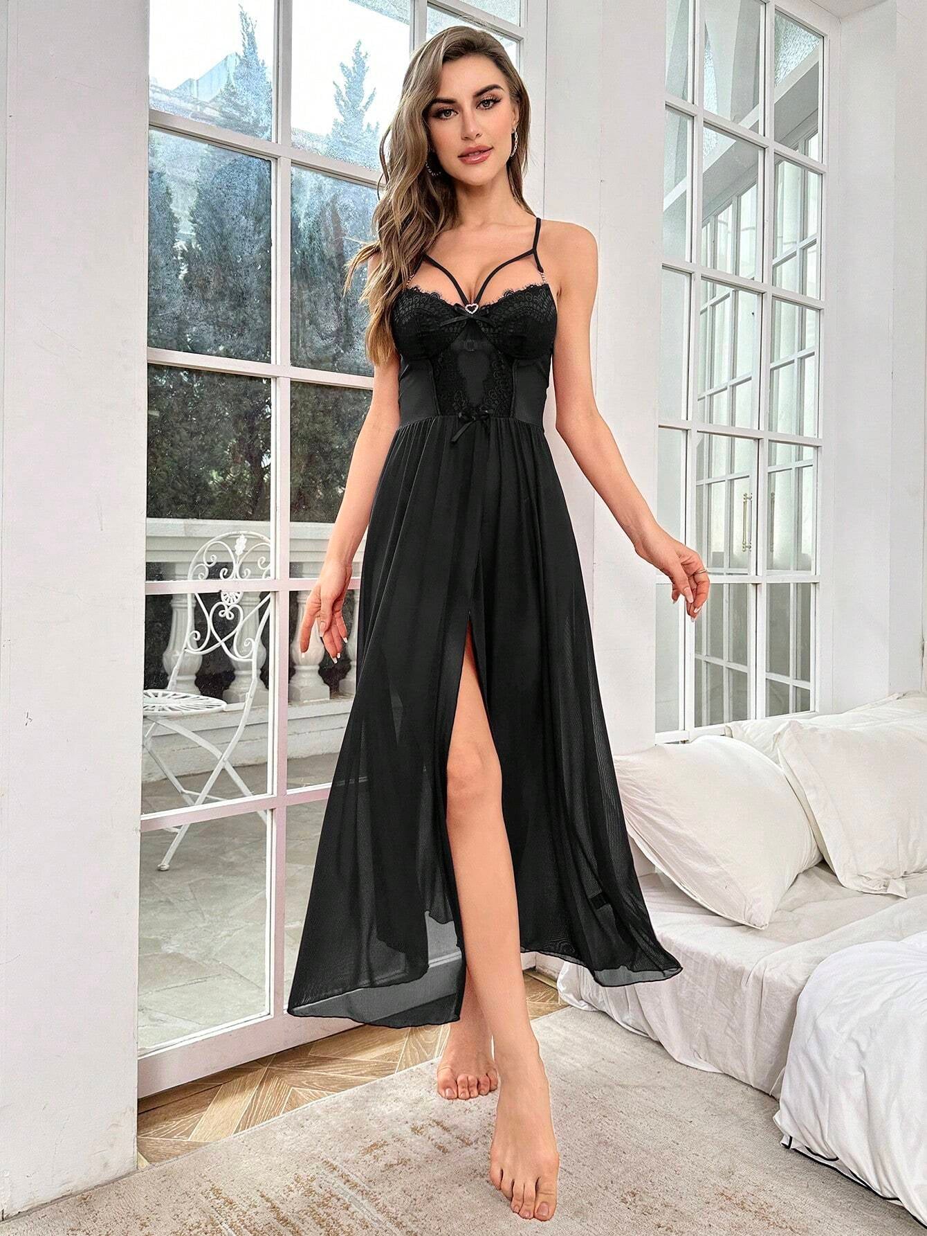 Lace Trim Split Thigh Cami Nightdress