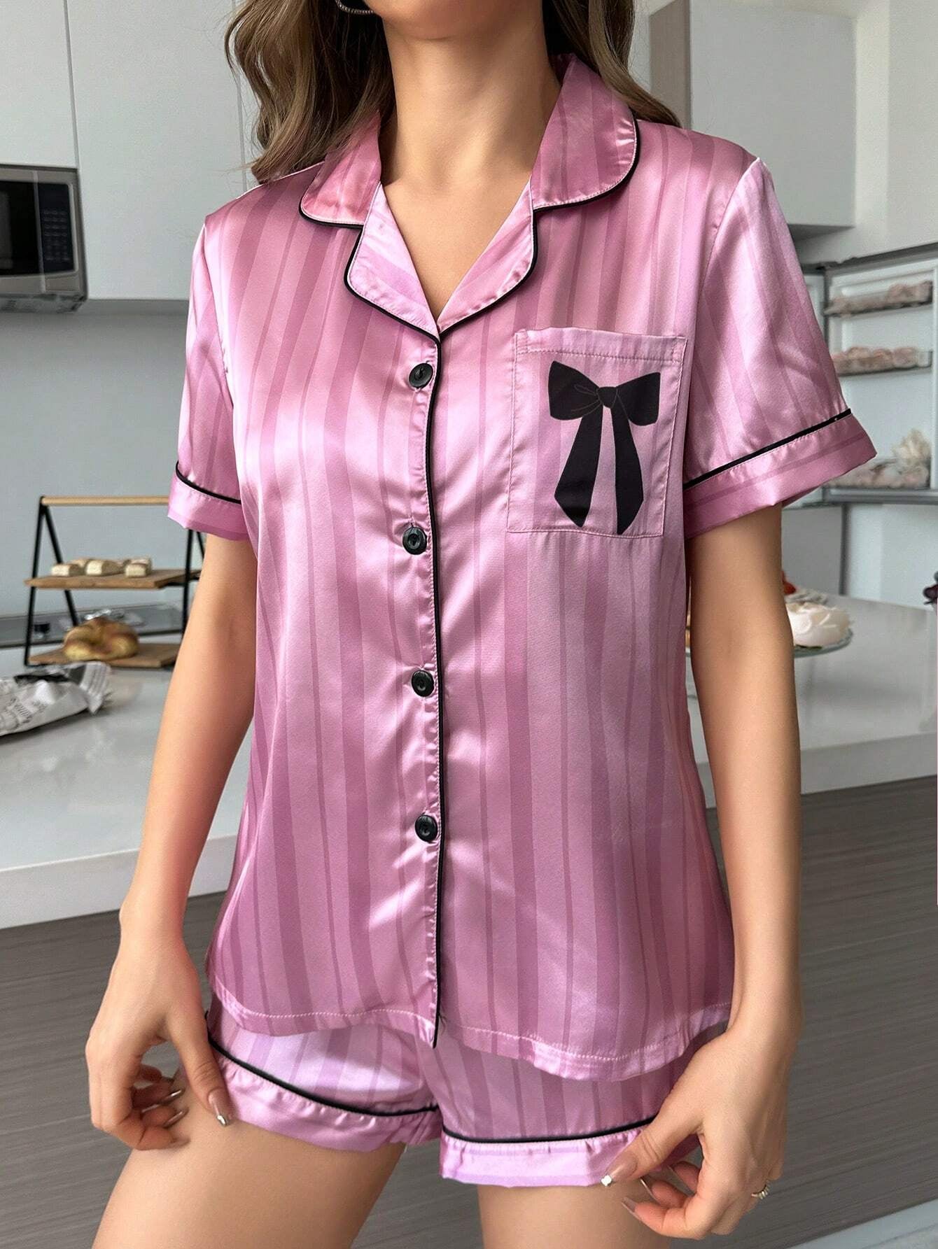 Bow Print Pocket Pink Striped Satin Pajama Set