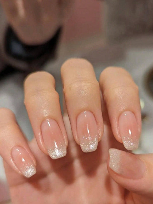 Instantly Elevate Your Style with 24Pcs Ballet Shape Short-Length Nude Color, Pearl-Luster, Glitter Nail Stickers (Japanese Style) + 1Pc Jelly Glue + 1Pc Nail File Suitable for Party, Dance, and Daily Wear
