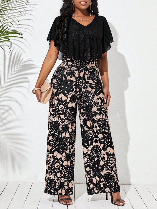 Lady Women'S Printed Patchwork Jumpsuit with Ruffle Hem