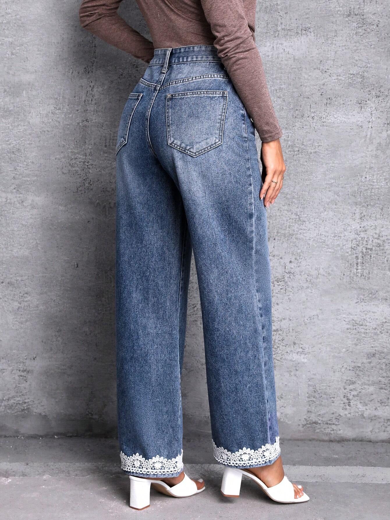 LUNE Slant Pocket Contrast Lace Hem Wide Leg Jeans