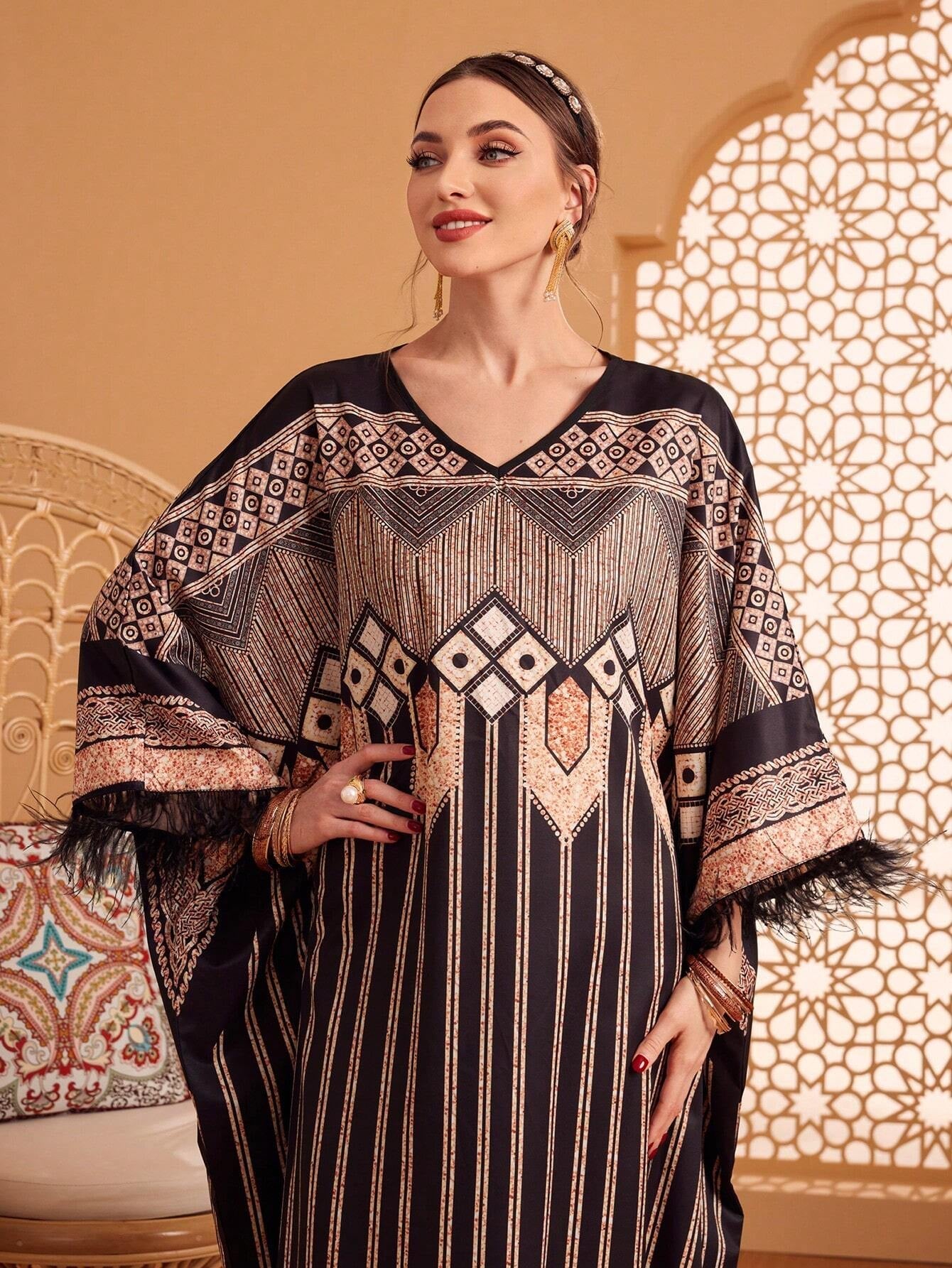 Najma Women'S Geometric Printed Fringed Turkish Kaftan