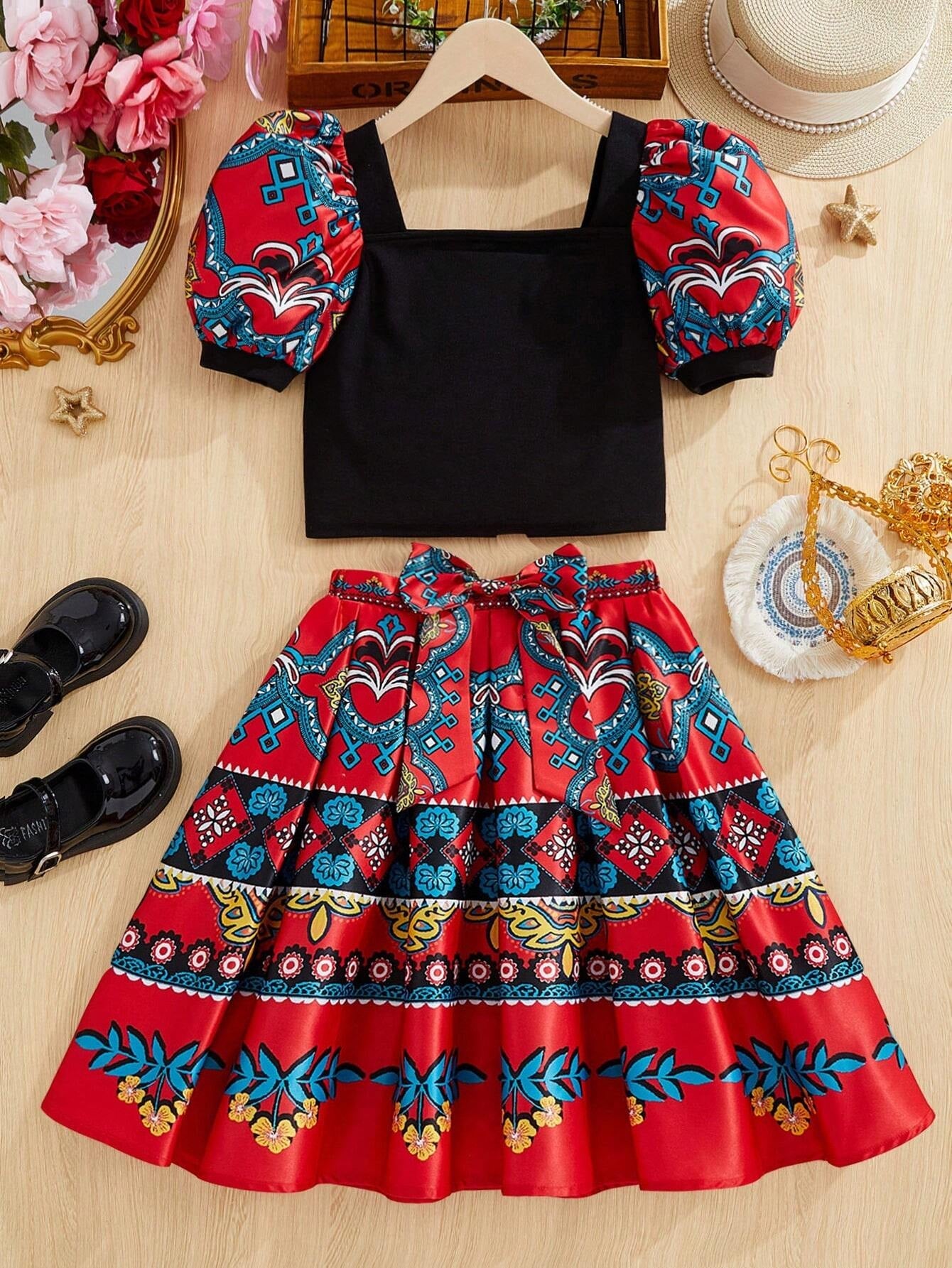 Tween Girls' Cute Square Neck Puff Sleeve Shirt and Retro Printed A-Line Skirt Two Piece Set