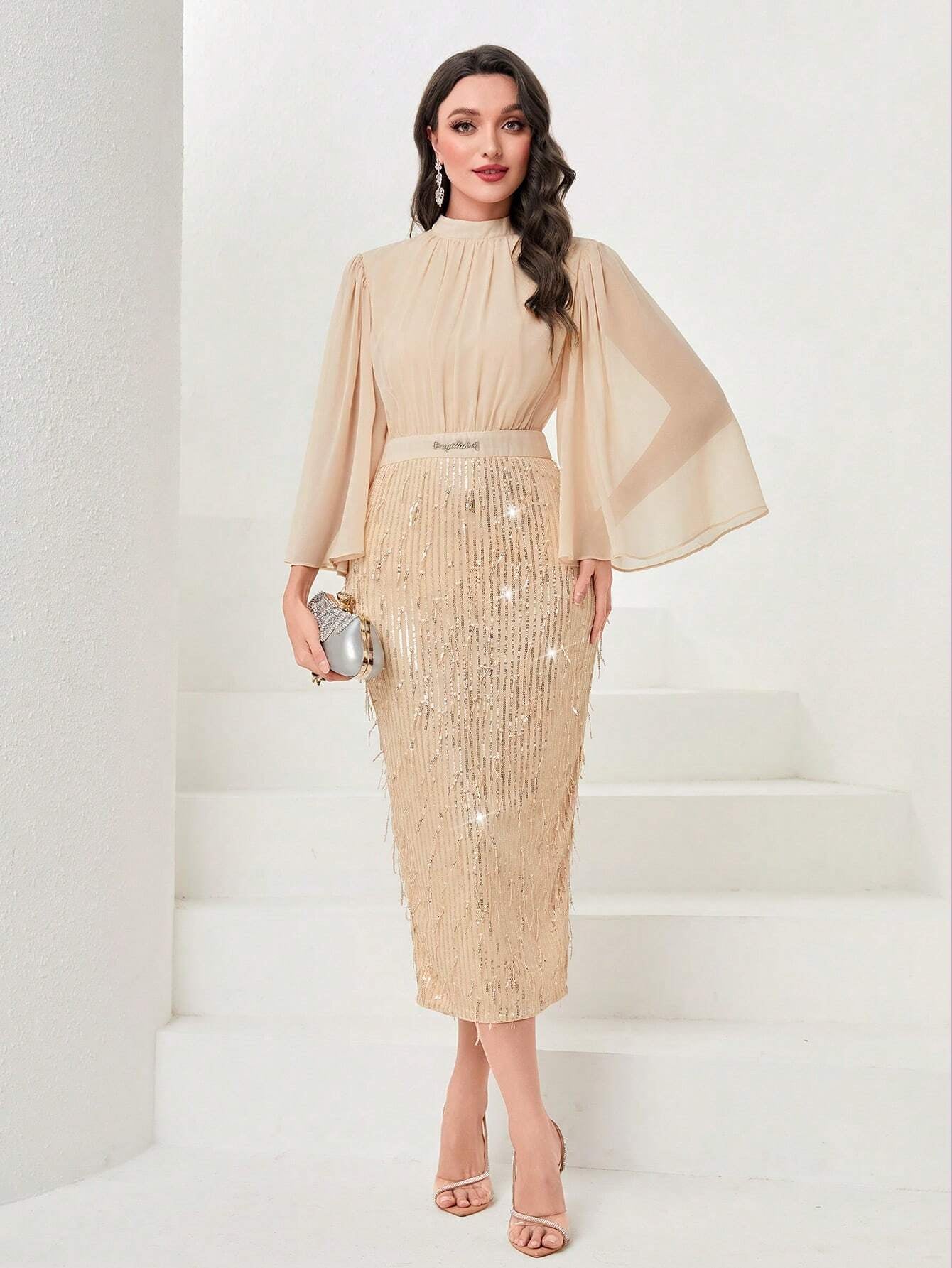 Modely Mock Neck Flare Sleeve Sequin Dress