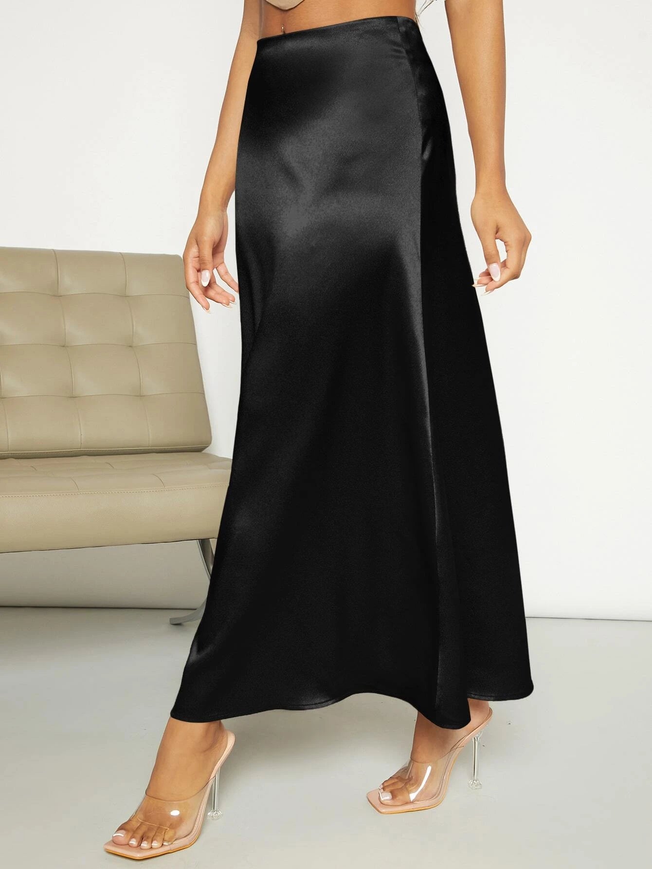 Privé High Waist Satin A-Line Skirt
