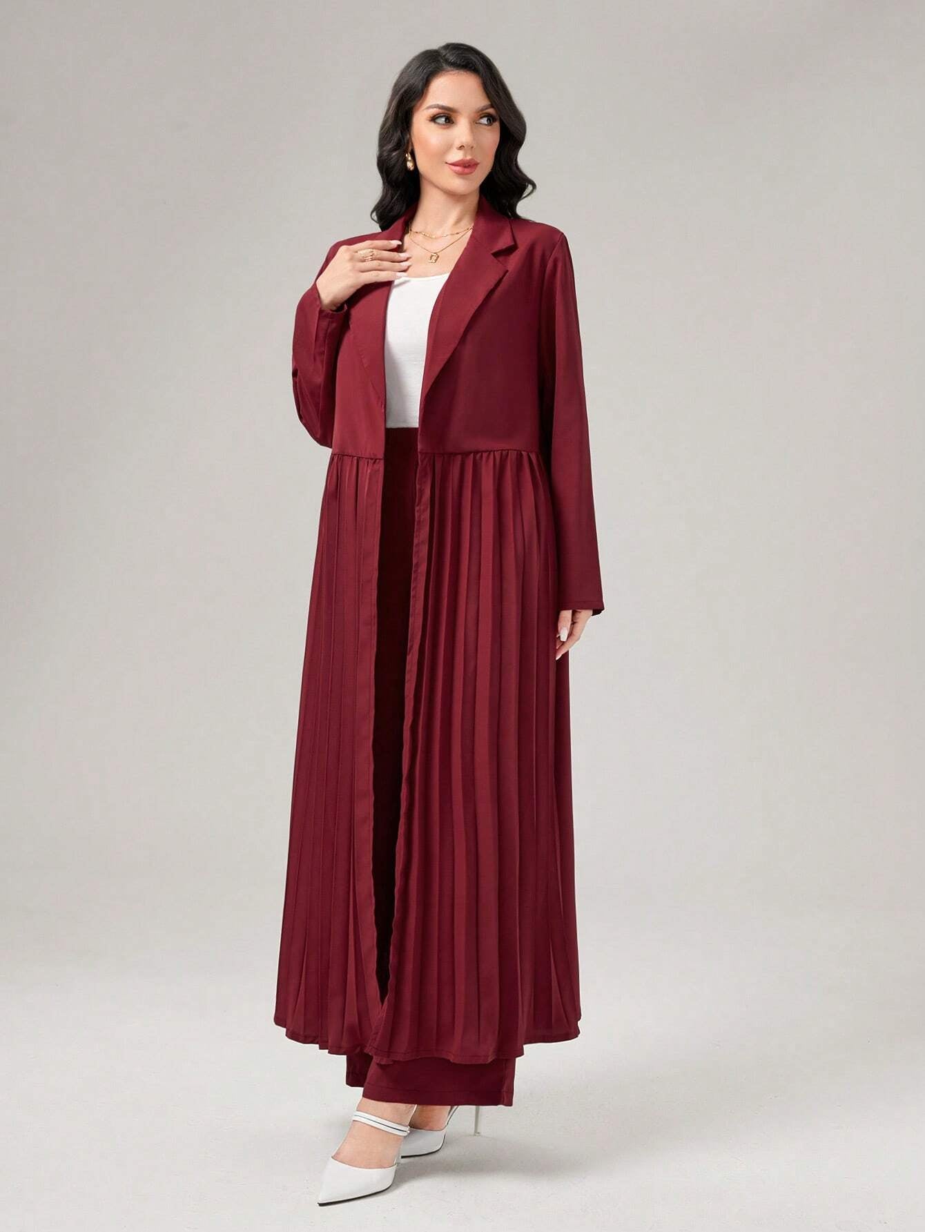 Najma Lapel Collar Pleated Abaya with Wide Leg Pants