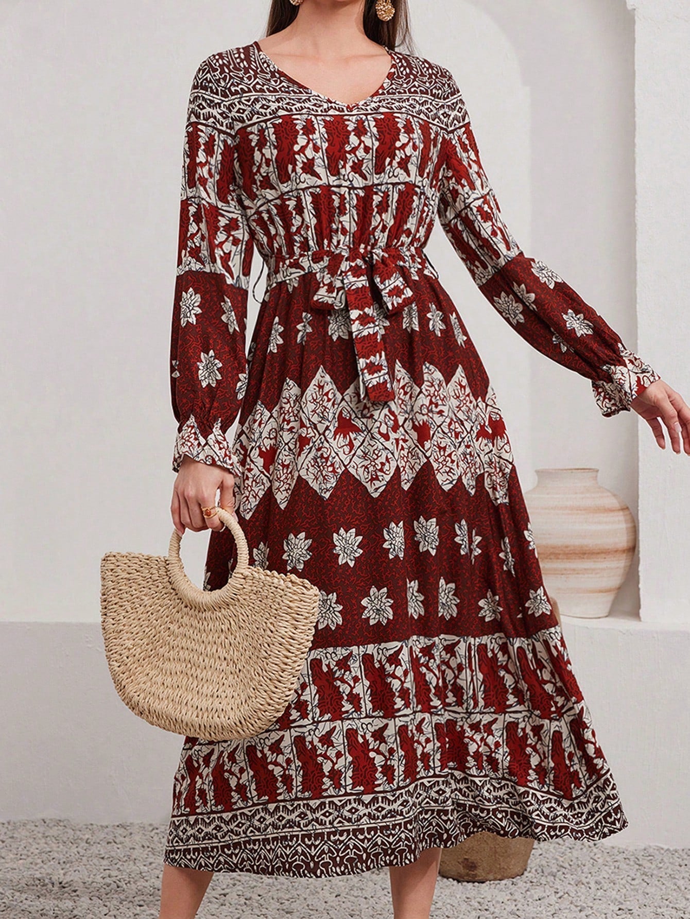 Mulvari Full Printed Long Sleeve Belted Dress