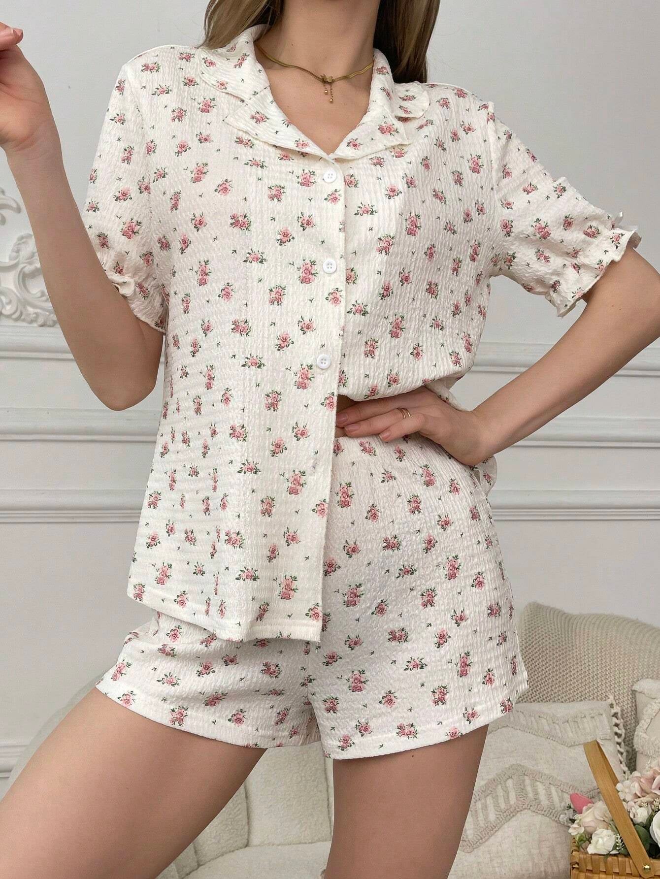 Floral Print Turn-Down Collar Top and Shorts Pajama Set