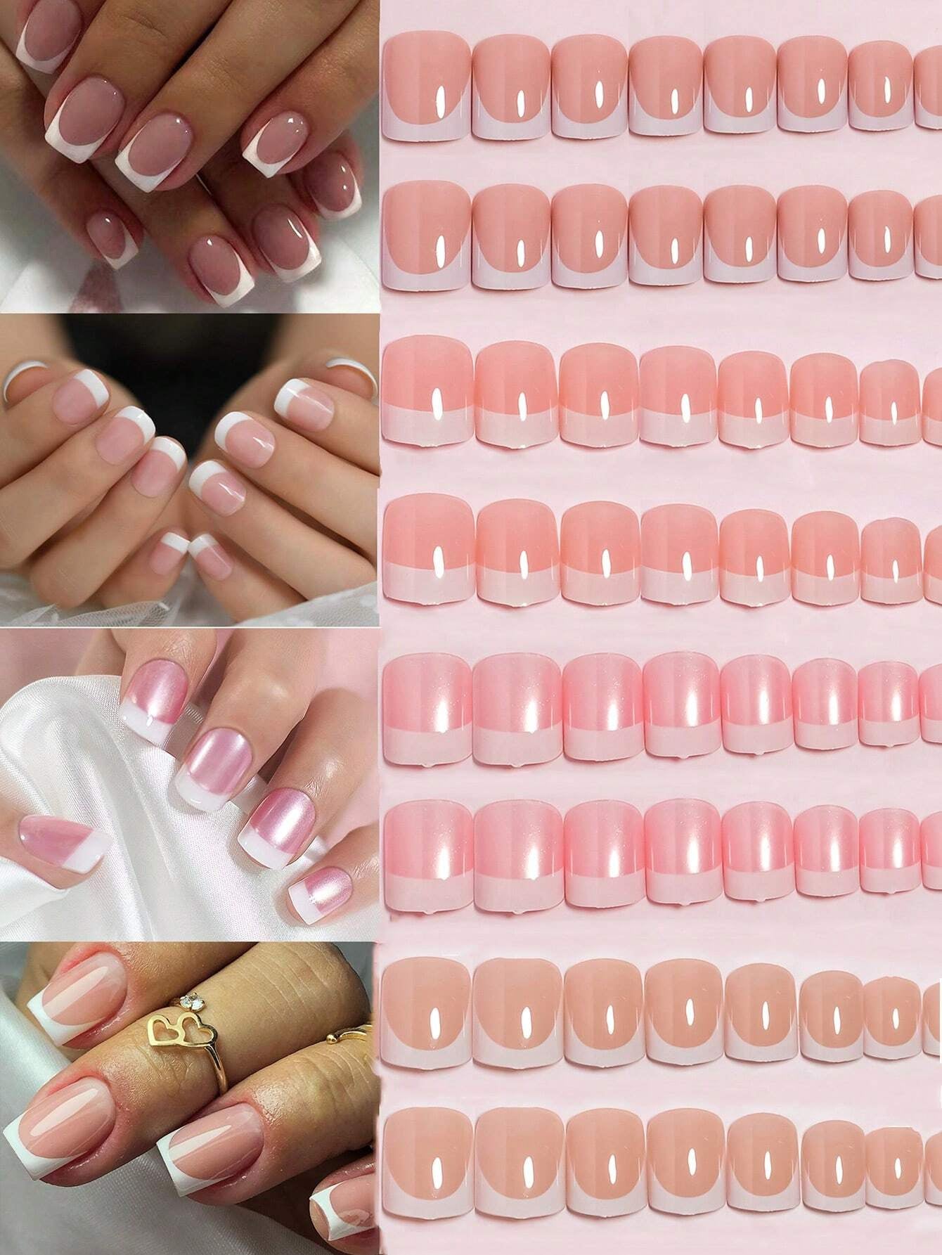 96Pcs(4Colors) Short Square Press on Nails Acrylic Short Fake Nails Full Cover Black and White French Designs Shiny Glue on Nails False Nail as Gift for Women and Girls with Storage Box
