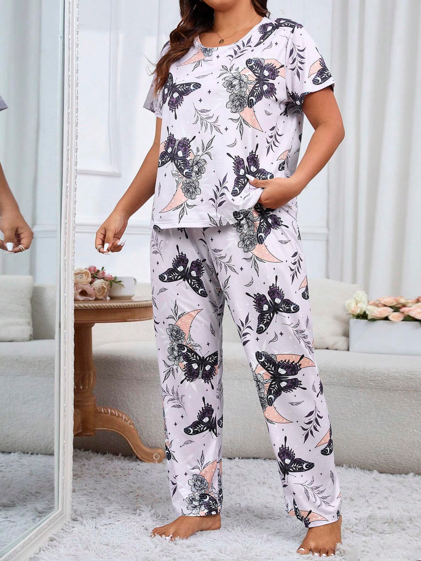 Plus Size Butterfly, Floral & Plants Printed Homewear Set