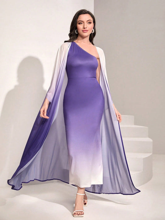 Modely Ombre Shoulder Sloping Dress with Coat Evening Dress