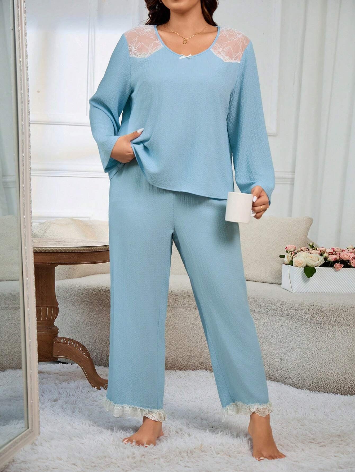 Lace Patchwork plus Size Long Sleeve Long Pants Pajama Set