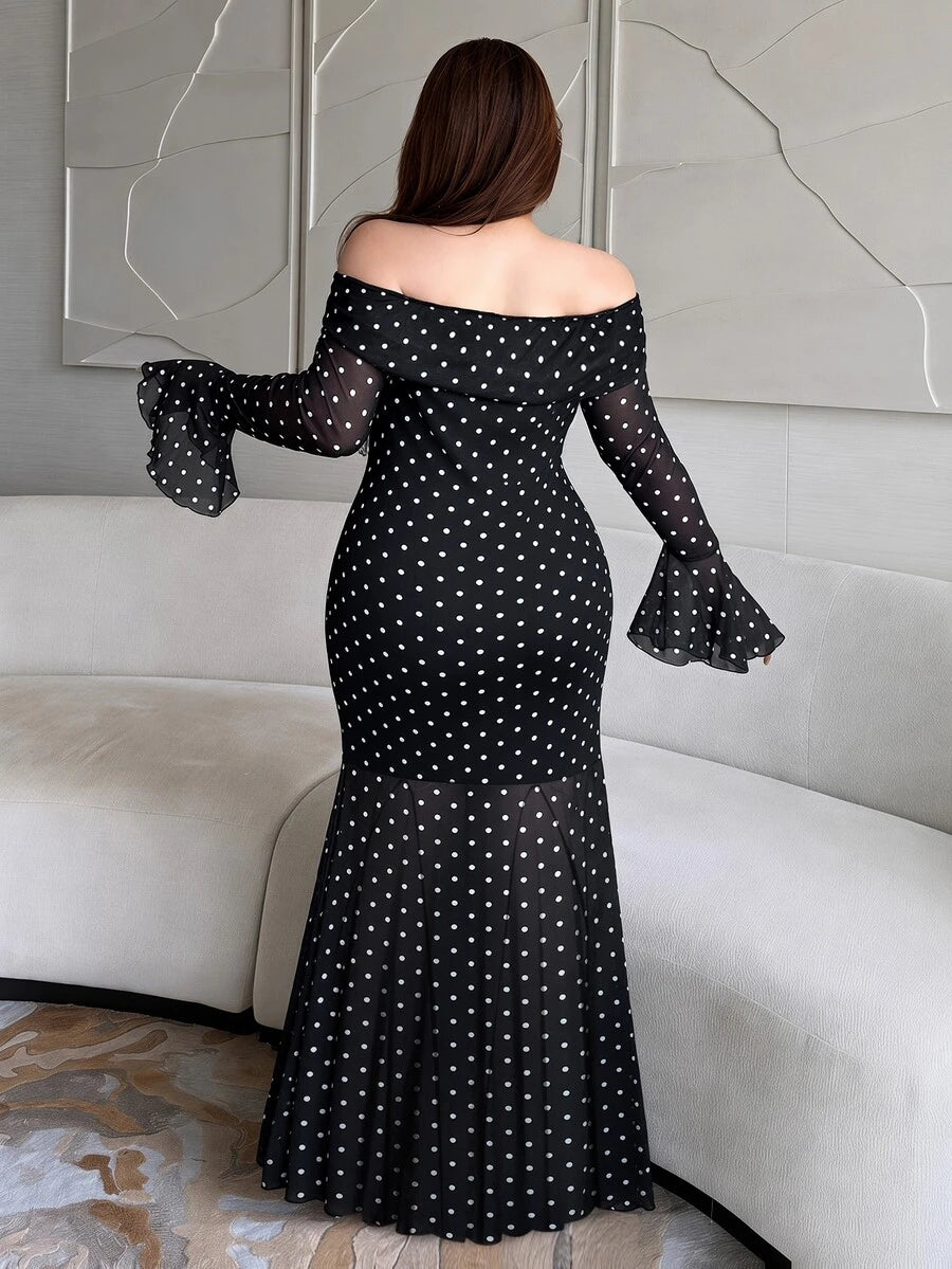 SHEIN Vibekara فستان أسود طويل بكتف مكشوف ونقشة بولكا دوت وذيل حورية البحر