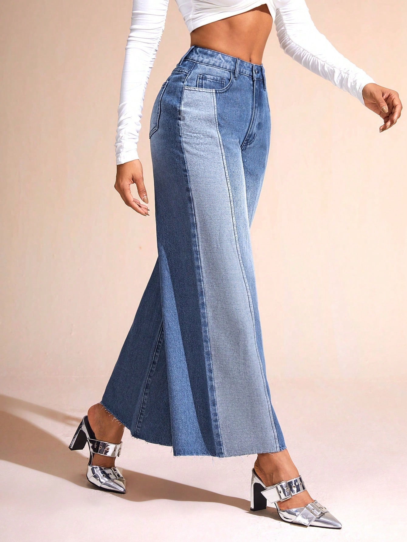 BAE Color Block Wide Leg Casual Denim Pants