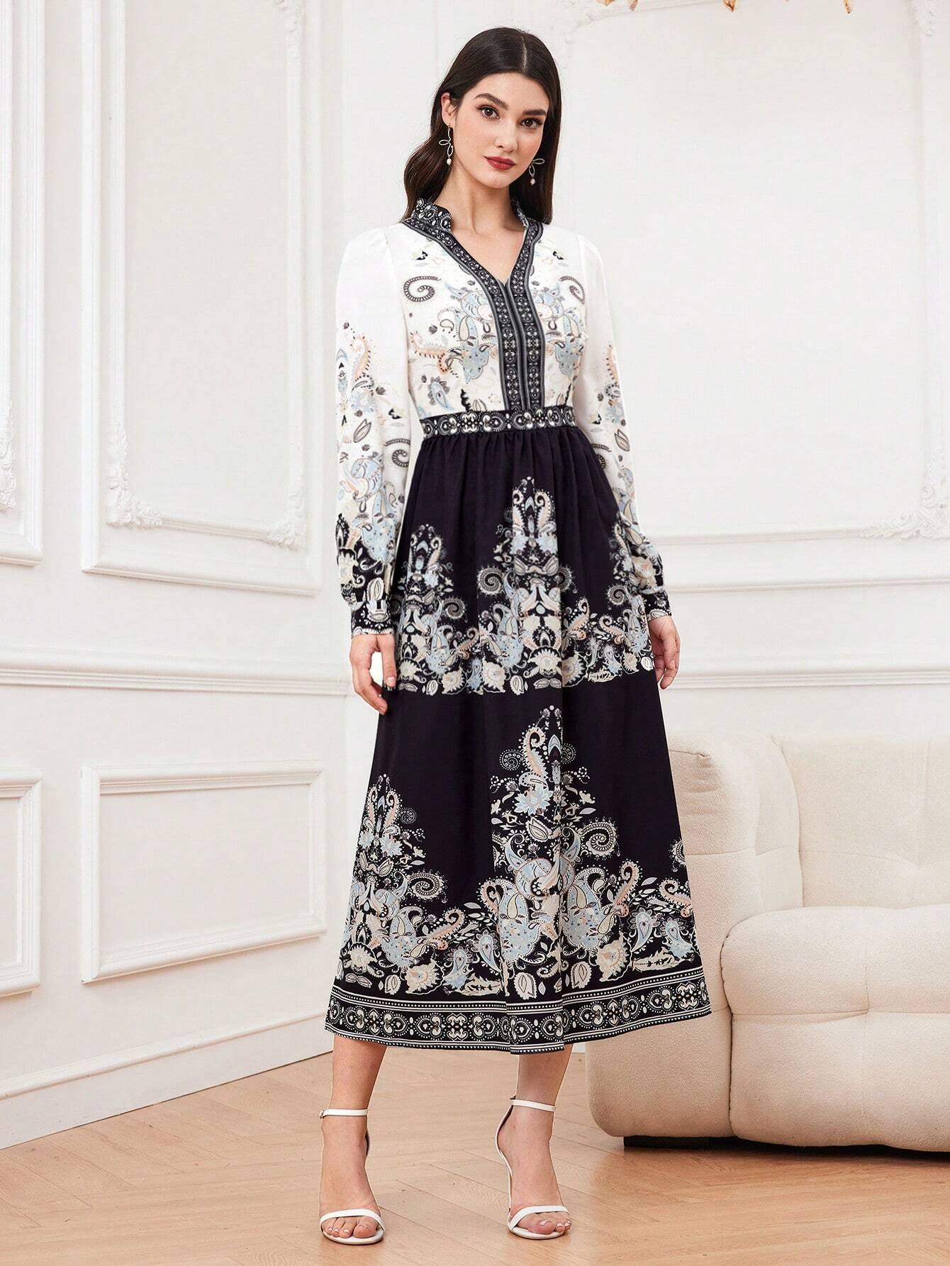 Mulvari Paisley Print V-Neck Cinching Waist Dress