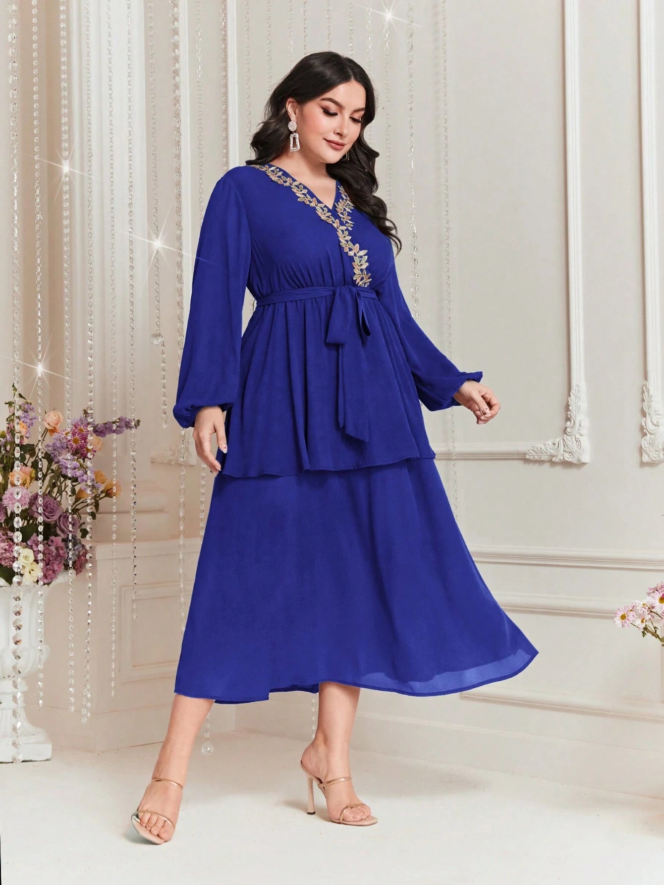 Modely plus Size Embroidered Decor Lantern Sleeve Dress