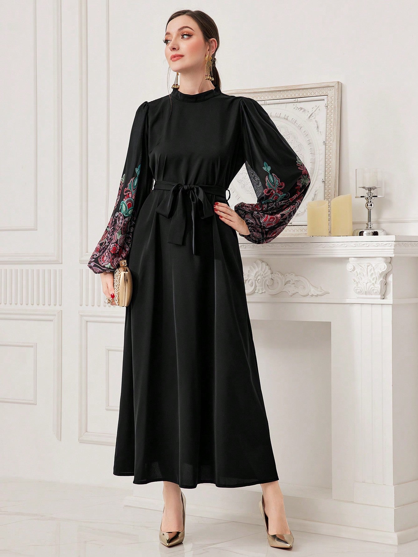 Najma Women'S Floral Printed Lantern Sleeve Dress with Belt